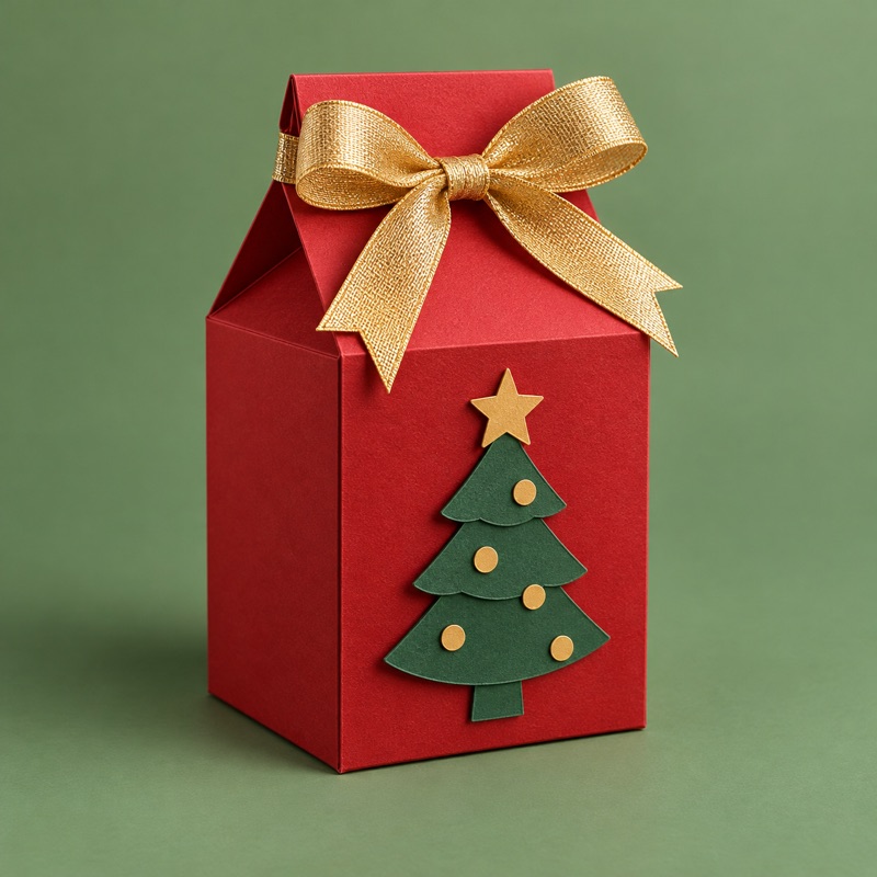 mesa com caixinhas natalinas, topo de Papai Noel e tags vermelhas e douradas, cortados em papel