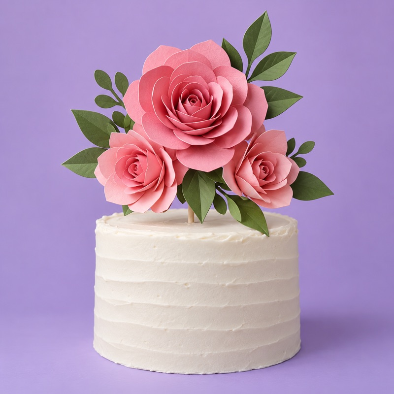 bolo com topo de flores de papel em tons de rosa e folhas verdes